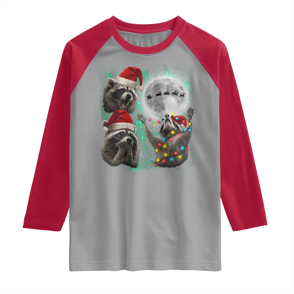 3 Raccoons Howling At Moon Christmas Raglan Shirt Funny Weird Cursed Meme TS10 Sport Gray Red Print Your Wear