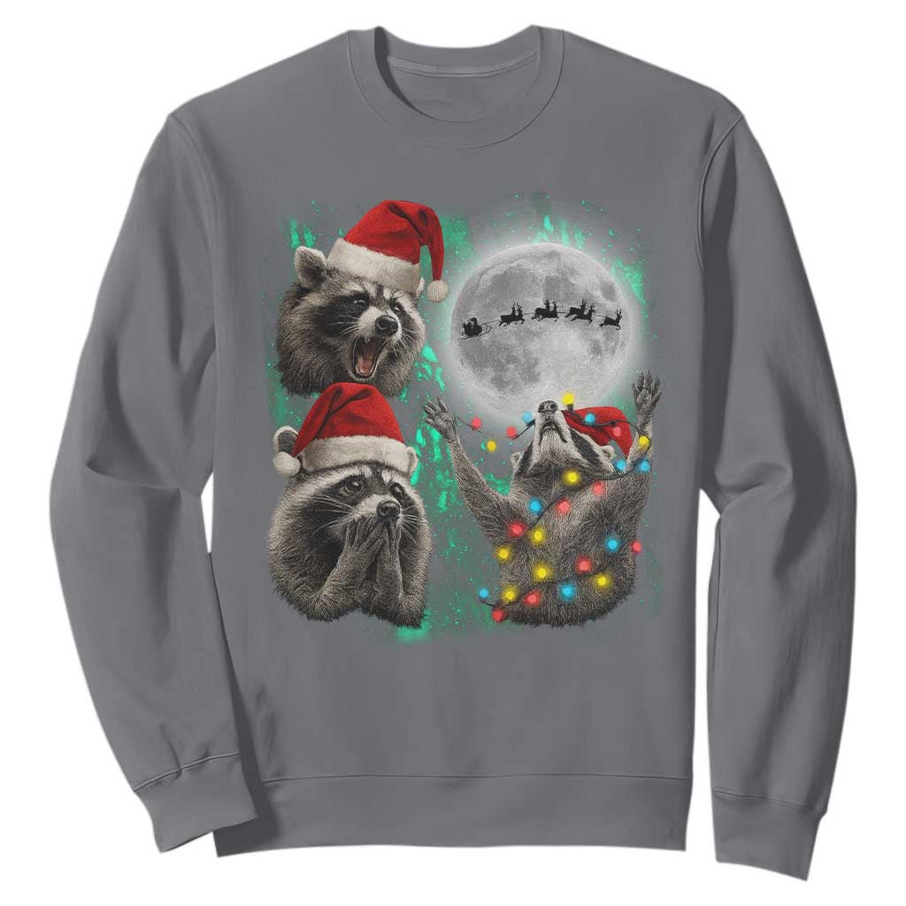 3 Raccoons Howling At Moon Christmas Sweatshirt Funny Weird Cursed Meme TS10 Charcoal Print Your Wear