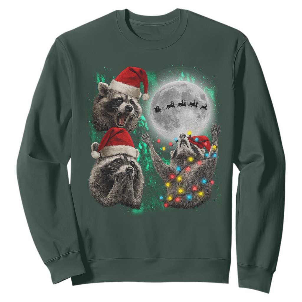 3 Raccoons Howling At Moon Christmas Sweatshirt Funny Weird Cursed Meme TS10 Dark Forest Green Print Your Wear