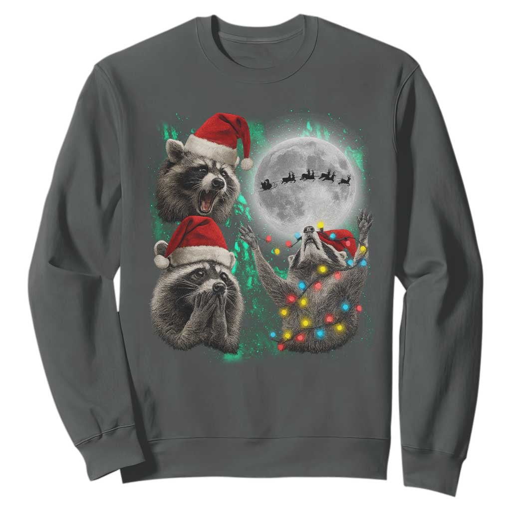 3 Raccoons Howling At Moon Christmas Sweatshirt Funny Weird Cursed Meme TS10 Dark Heather Print Your Wear