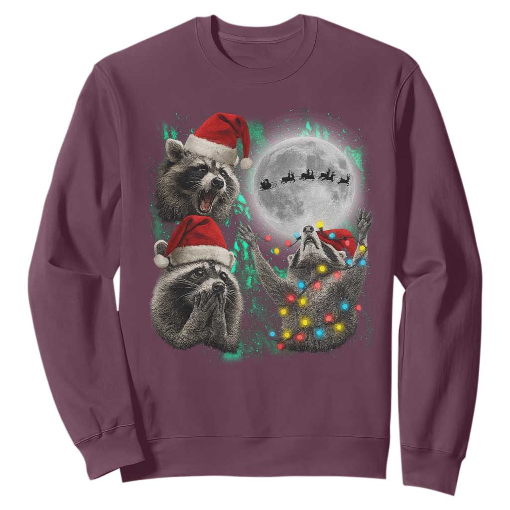 3 Raccoons Howling At Moon Christmas Sweatshirt Funny Weird Cursed Meme TS10 Maroon Print Your Wear