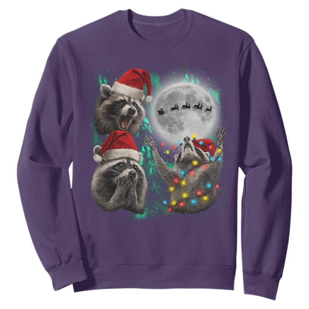 3 Raccoons Howling At Moon Christmas Sweatshirt Funny Weird Cursed Meme TS10 Purple Print Your Wear