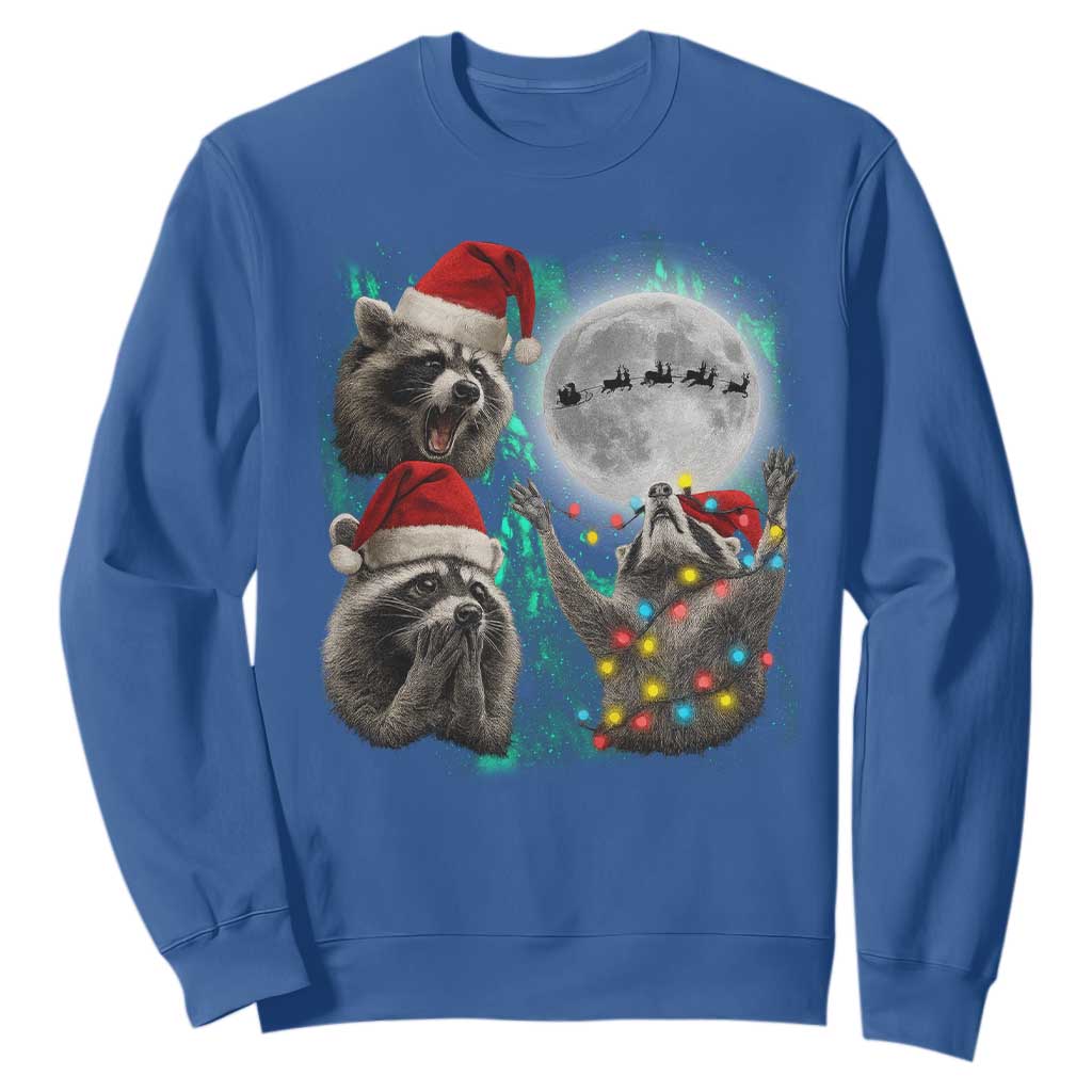 3 Raccoons Howling At Moon Christmas Sweatshirt Funny Weird Cursed Meme TS10 Royal Blue Print Your Wear
