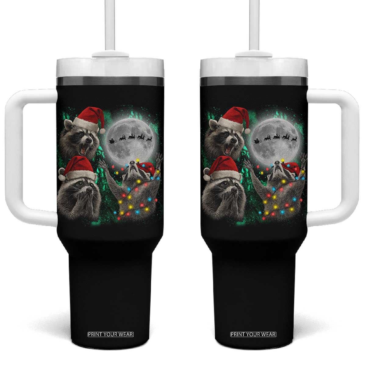 3 Raccoons Howling At Moon Christmas Tumbler With Handle Funny Weird Cursed Meme TS10 One Size: 40 oz Black Print Your Wear