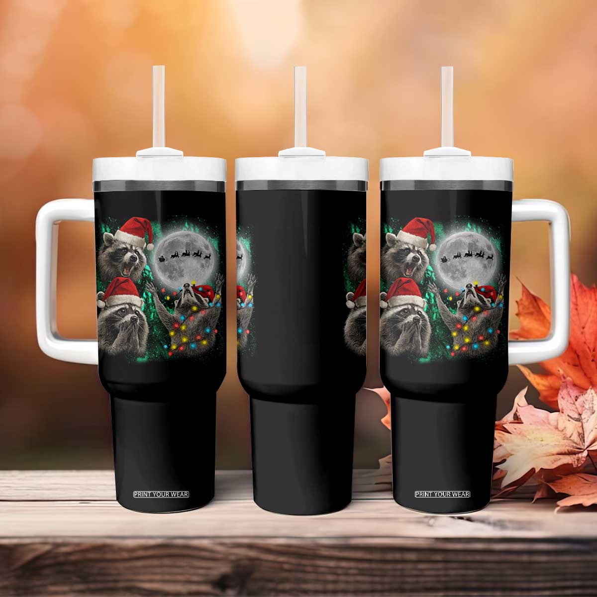 3 Raccoons Howling At Moon Christmas Tumbler With Handle Funny Weird Cursed Meme TS10 Print Your Wear