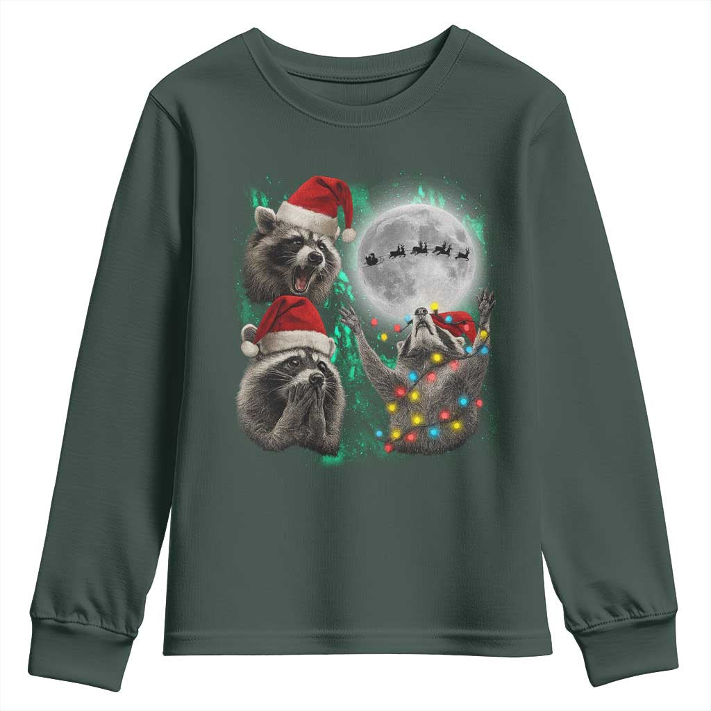 3 Raccoons Howling At Moon Christmas Youth Sweatshirt Funny Weird Cursed Meme TS10 Dark Forest Green Print Your Wear