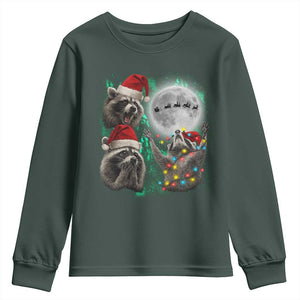 3 Raccoons Howling At Moon Christmas Youth Sweatshirt Funny Weird Cursed Meme TS10 Dark Forest Green Print Your Wear