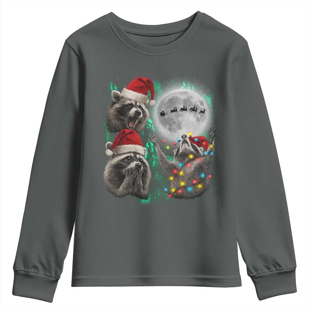 3 Raccoons Howling At Moon Christmas Youth Sweatshirt Funny Weird Cursed Meme TS10 Dark Heather Print Your Wear