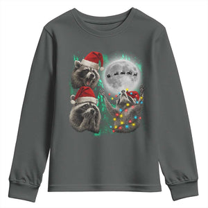 3 Raccoons Howling At Moon Christmas Youth Sweatshirt Funny Weird Cursed Meme TS10 Dark Heather Print Your Wear