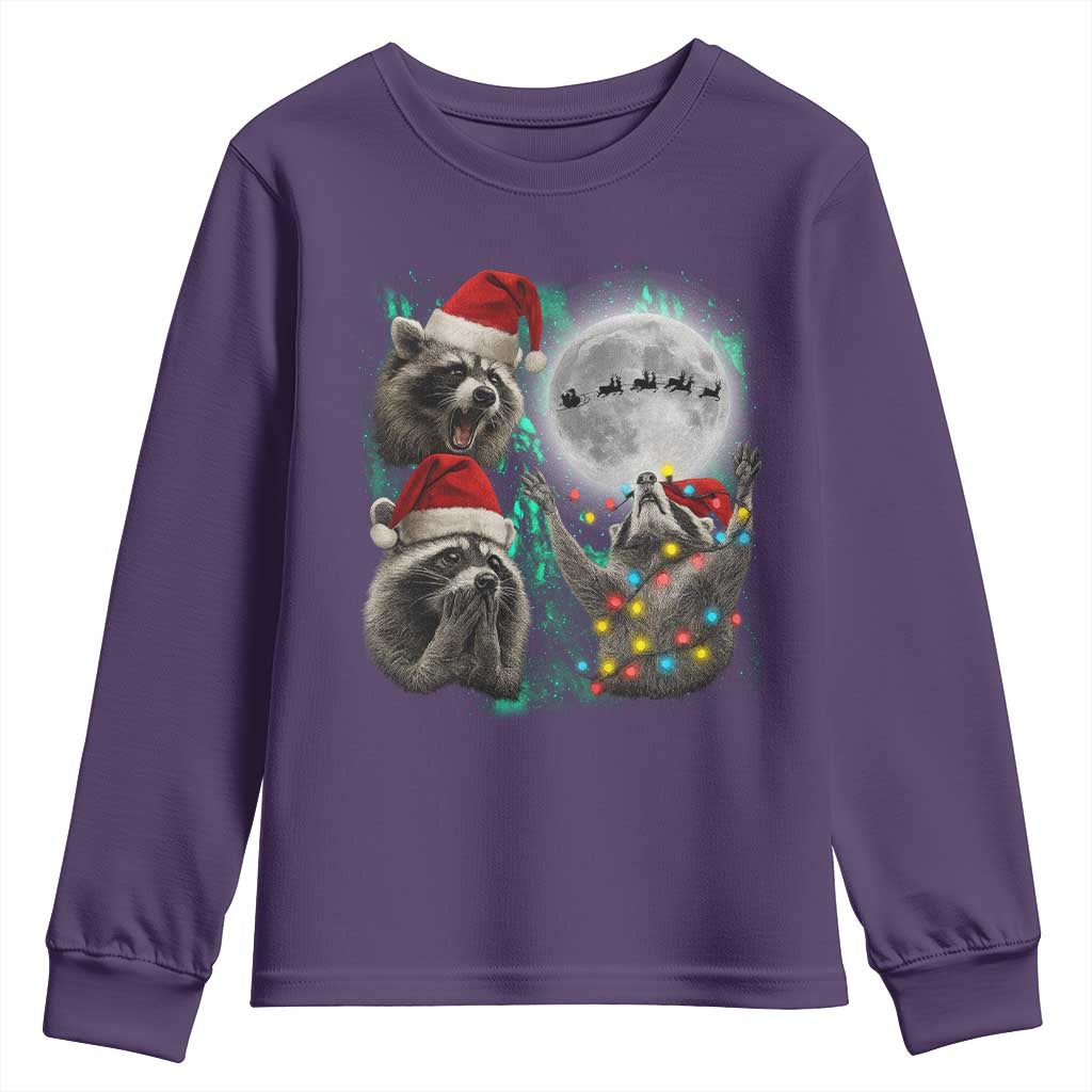 3 Raccoons Howling At Moon Christmas Youth Sweatshirt Funny Weird Cursed Meme TS10 Purple Print Your Wear