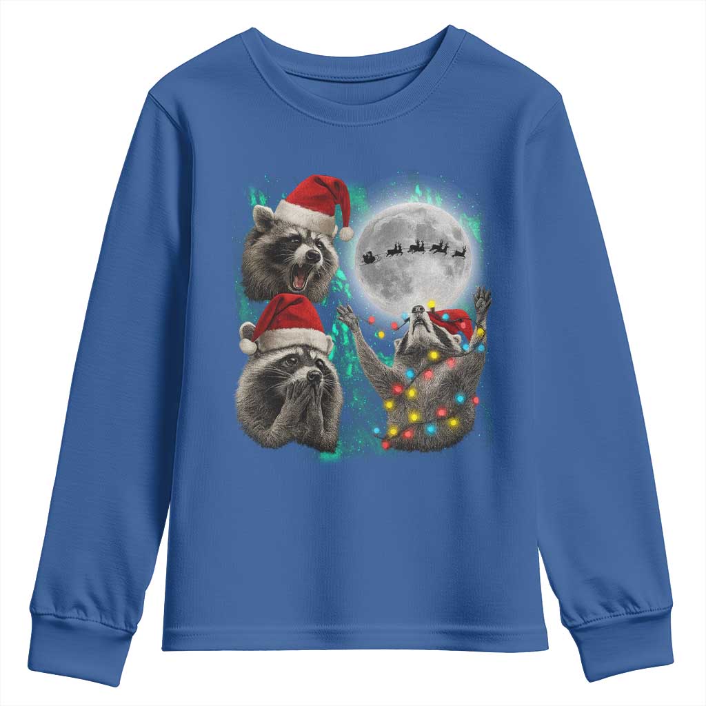 3 Raccoons Howling At Moon Christmas Youth Sweatshirt Funny Weird Cursed Meme TS10 Royal Blue Print Your Wear
