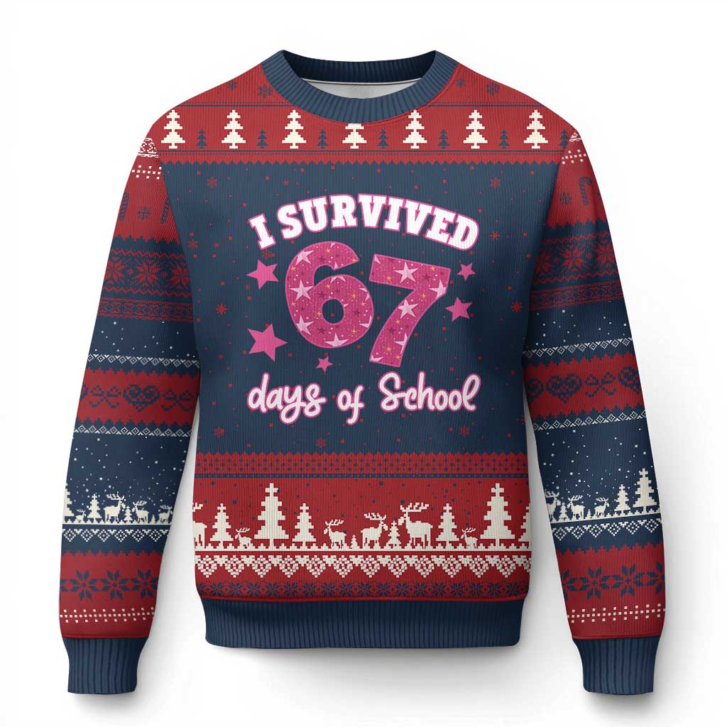 I Survived 67 Days Of School Ugly Christmas Sweater Funny Six Seven Teachers Students Meme Pink TS10 Navy Red Print Your Wear