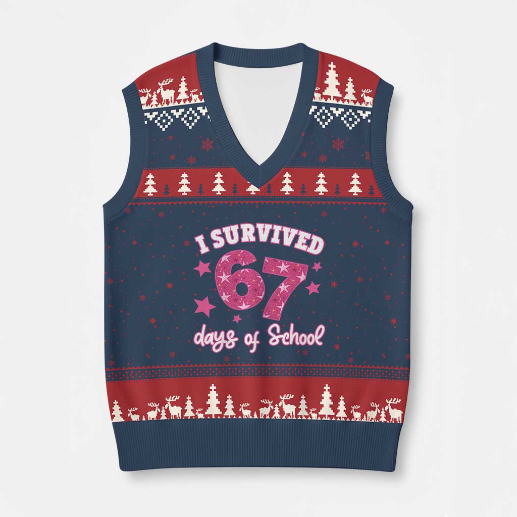 I Survived 67 Days Of School V-Neck Knit Sweater Vest Funny Six Seven Teachers Students Meme Pink TS10 Navy Red Print Your Wear