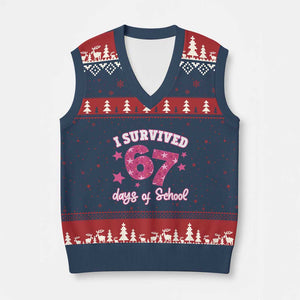 I Survived 67 Days Of School V-Neck Knit Sweater Vest Funny Six Seven Teachers Students Meme Pink TS10 Navy Red Print Your Wear