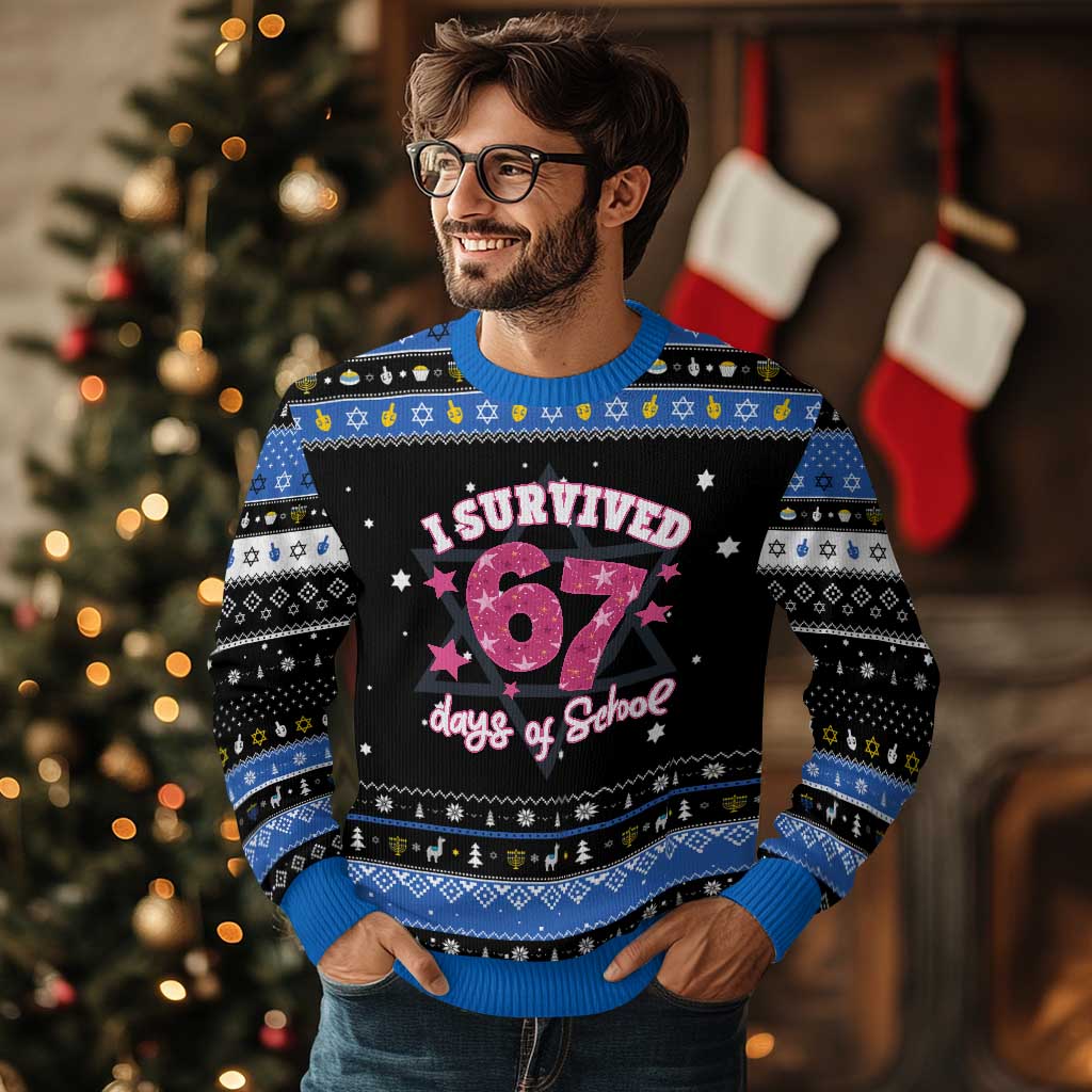 I Survived 67 Days Of School Hanukkah Ugly Sweater Funny Six Seven Teachers Students Meme Pink TS10 Black Blue Print Your Wear