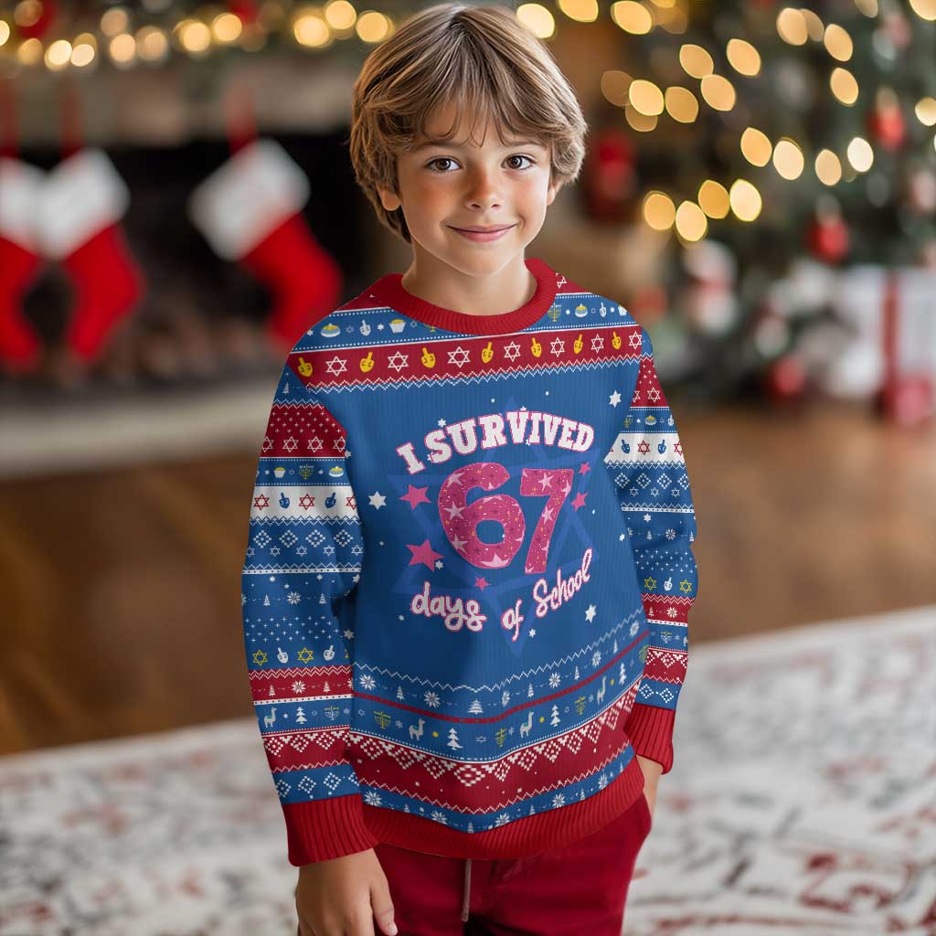 I Survived 67 Days Of School Hanukkah Ugly Sweater Funny Six Seven Teachers Students Meme Pink TS10 Blue Red Print Your Wear