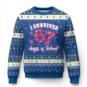 I Survived 67 Days Of School Hanukkah Ugly Sweater Funny Six Seven Teachers Students Meme Pink TS10 Blue White Print Your Wear