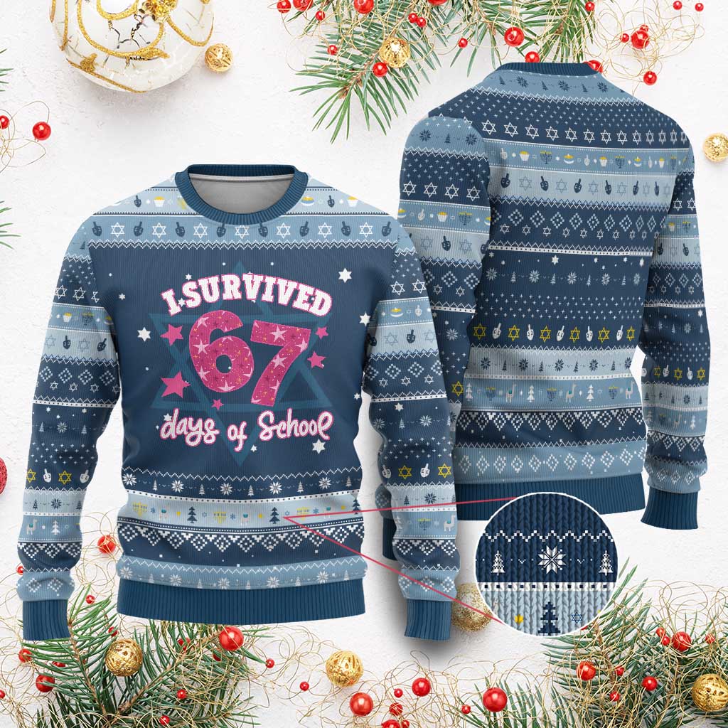 I Survived 67 Days Of School Hanukkah Ugly Sweater Funny Six Seven Teachers Students Meme Pink TS10 Navy Light Blue Print Your Wear