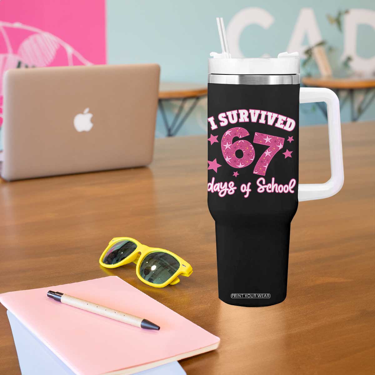 I Survived 67 Days Of School Tumbler With Handle Funny Six Seven Teachers Students Meme Pink TS10 Print Your Wear