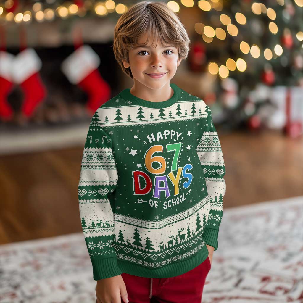 67 Days of School Ugly Christmas Sweater Funny Meme Teacher Student 67th Day TS10 Forest Green Beige Print Your Wear