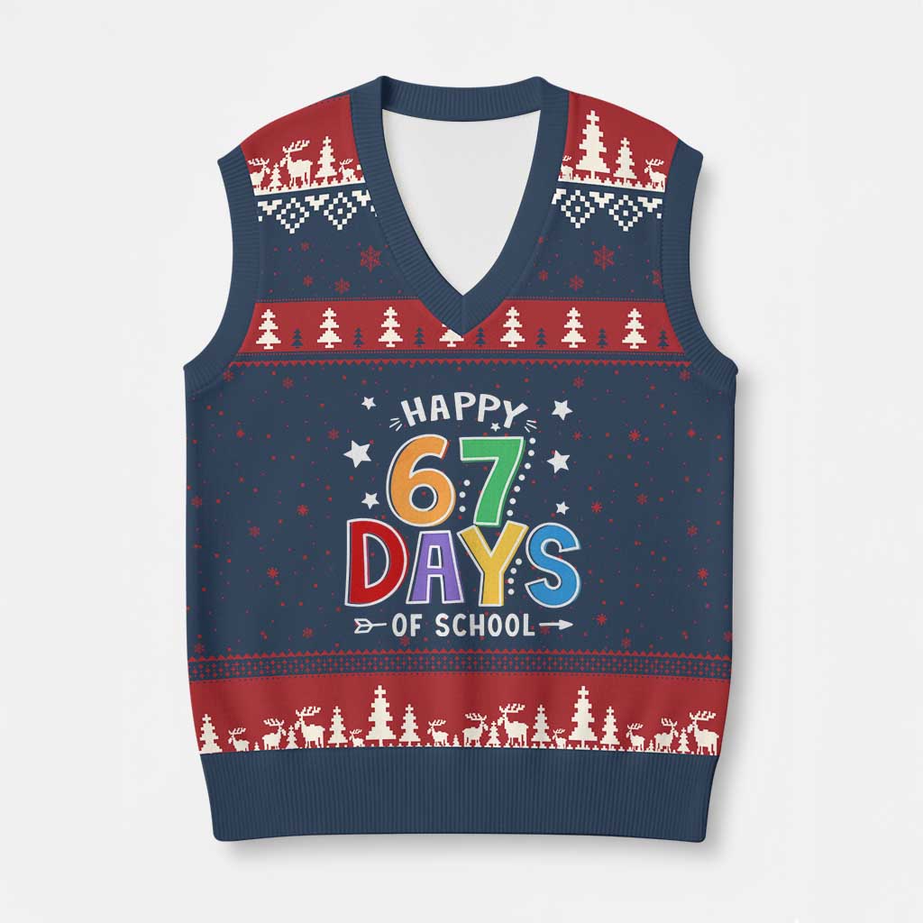 67 Days of School V-Neck Knit Sweater Vest Funny Meme Teacher Student 67th Day TS10 Navy Red Print Your Wear