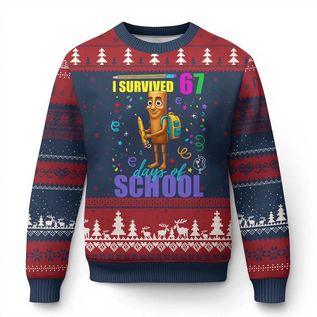 Tung Tung Tung Sahur I Survived 67 Days of School Ugly Christmas Sweater Funny Six Seven 6 7 Meme Teacher Student TS10 Navy Red Print Your Wear