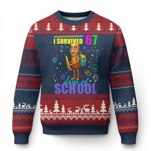 Tung Tung Tung Sahur I Survived 67 Days of School Ugly Christmas Sweater Funny Six Seven 6 7 Meme Teacher Student TS10 Navy Red Print Your Wear