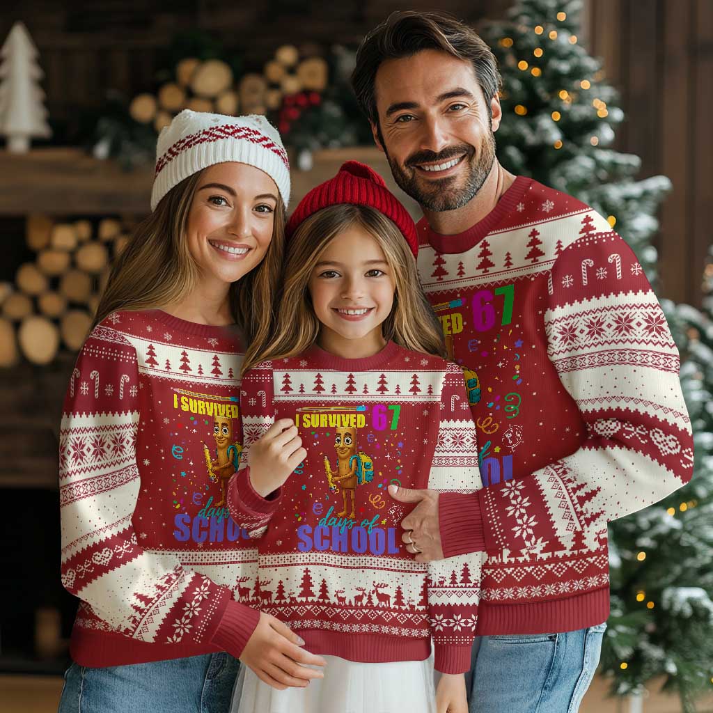Tung Tung Tung Sahur I Survived 67 Days of School Ugly Christmas Sweater Funny Six Seven 6 7 Meme Teacher Student TS10 Red Beige Print Your Wear