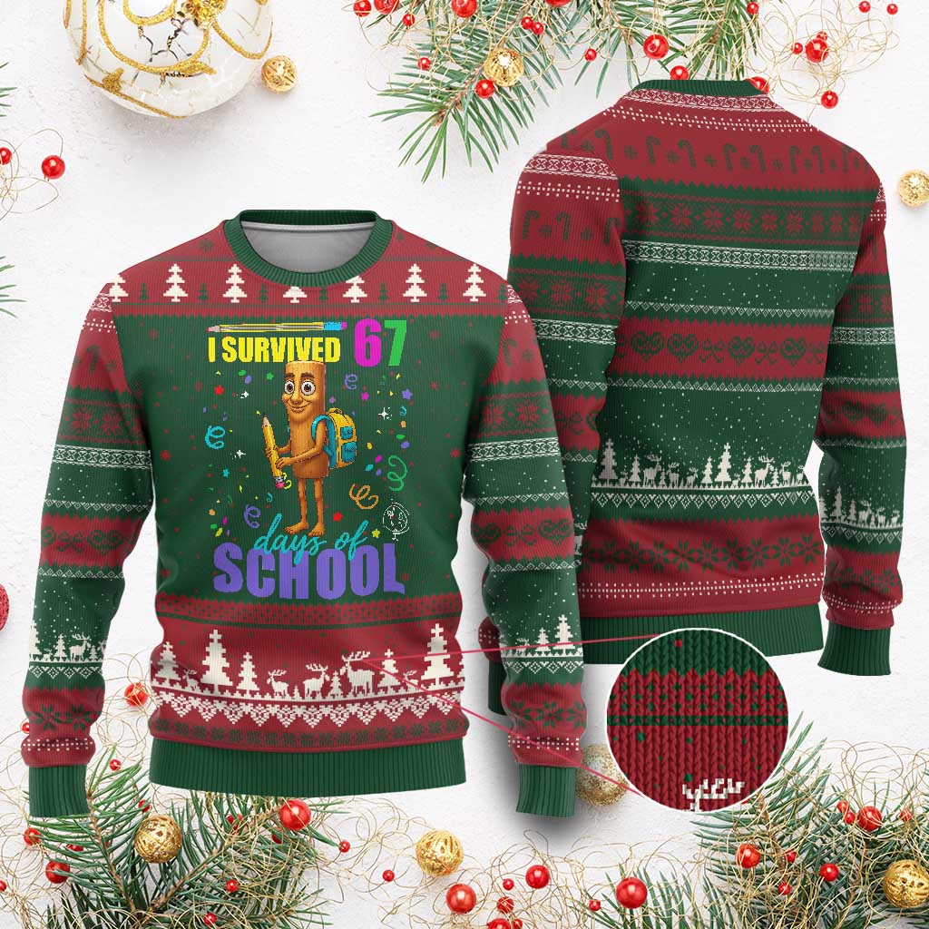 Tung Tung Tung Sahur I Survived 67 Days of School Ugly Christmas Sweater Funny Six Seven 6 7 Meme Teacher Student TS10 Red Green Print Your Wear
