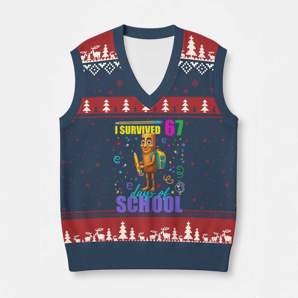 Tung Tung Tung Sahur I Survived 67 Days of School V-Neck Knit Sweater Vest Funny Six Seven 6 7 Meme Teacher Student TS10 Navy Red Print Your Wear