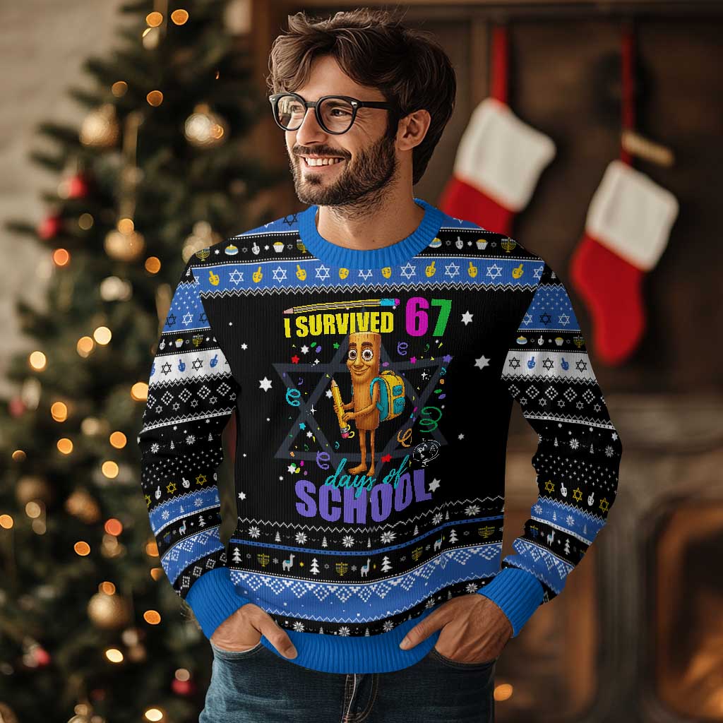 Tung Tung Tung Sahur I Survived 67 Days of School Hanukkah Ugly Sweater Funny Six Seven 6 7 Meme Teacher Student TS10 Black Blue Print Your Wear