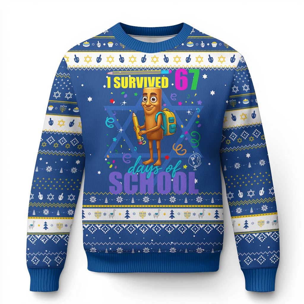 Tung Tung Tung Sahur I Survived 67 Days of School Hanukkah Ugly Sweater Funny Six Seven 6 7 Meme Teacher Student TS10 Blue White Print Your Wear