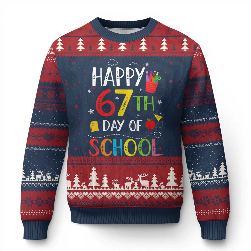 67 Days of School Ugly Christmas Sweater Happy 67th Day Of School Teachers Student Meme TS10 Navy Red Print Your Wear