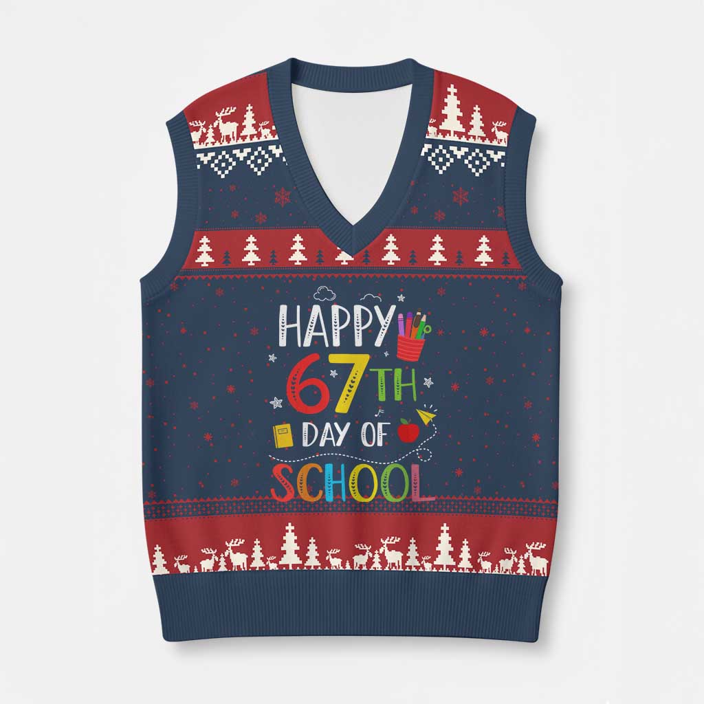 67 Days of School V-Neck Knit Sweater Vest Happy 67th Day Of School Teachers Student Meme TS10 Navy Red Print Your Wear
