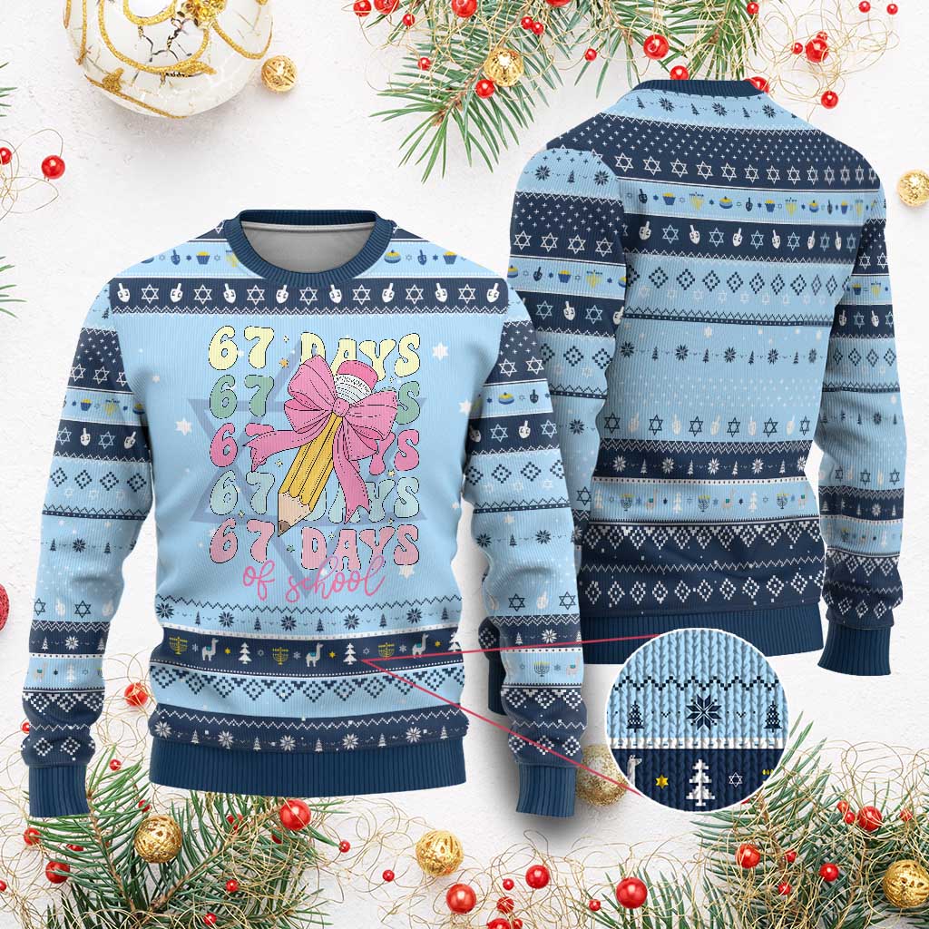 67 Days of School Coquette Bow Hanukkah Ugly Sweater Funny Six Seven Meme 67th Day Teacher Student TS10 Light Blue Navy Print Your Wear