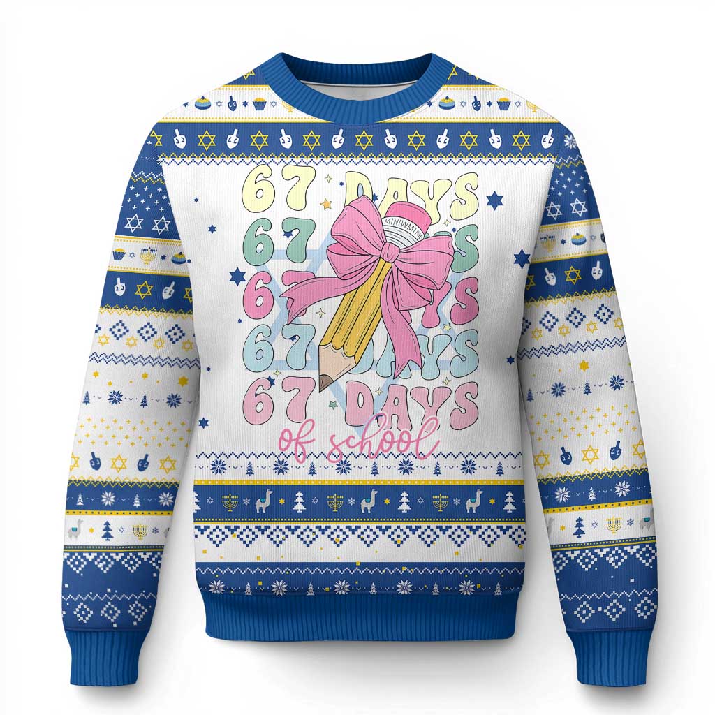 67 Days of School Coquette Bow Hanukkah Ugly Sweater Funny Six Seven Meme 67th Day Teacher Student TS10 White Royal Blue Print Your Wear