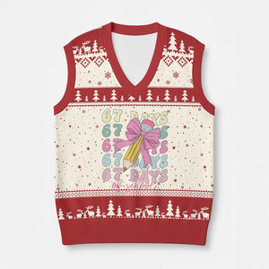 67 Days of School Coquette Bow V-Neck Knit Sweater Vest Funny Six Seven Meme 67th Day Teacher Student TS10 Beige Red Print Your Wear
