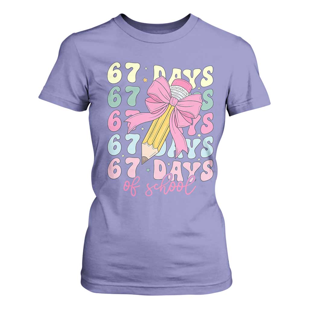 67 Days of School Coquette Bow T Shirt For Women Funny Six Seven Meme 67th Day Teacher Student TS10 Violet Print Your Wear