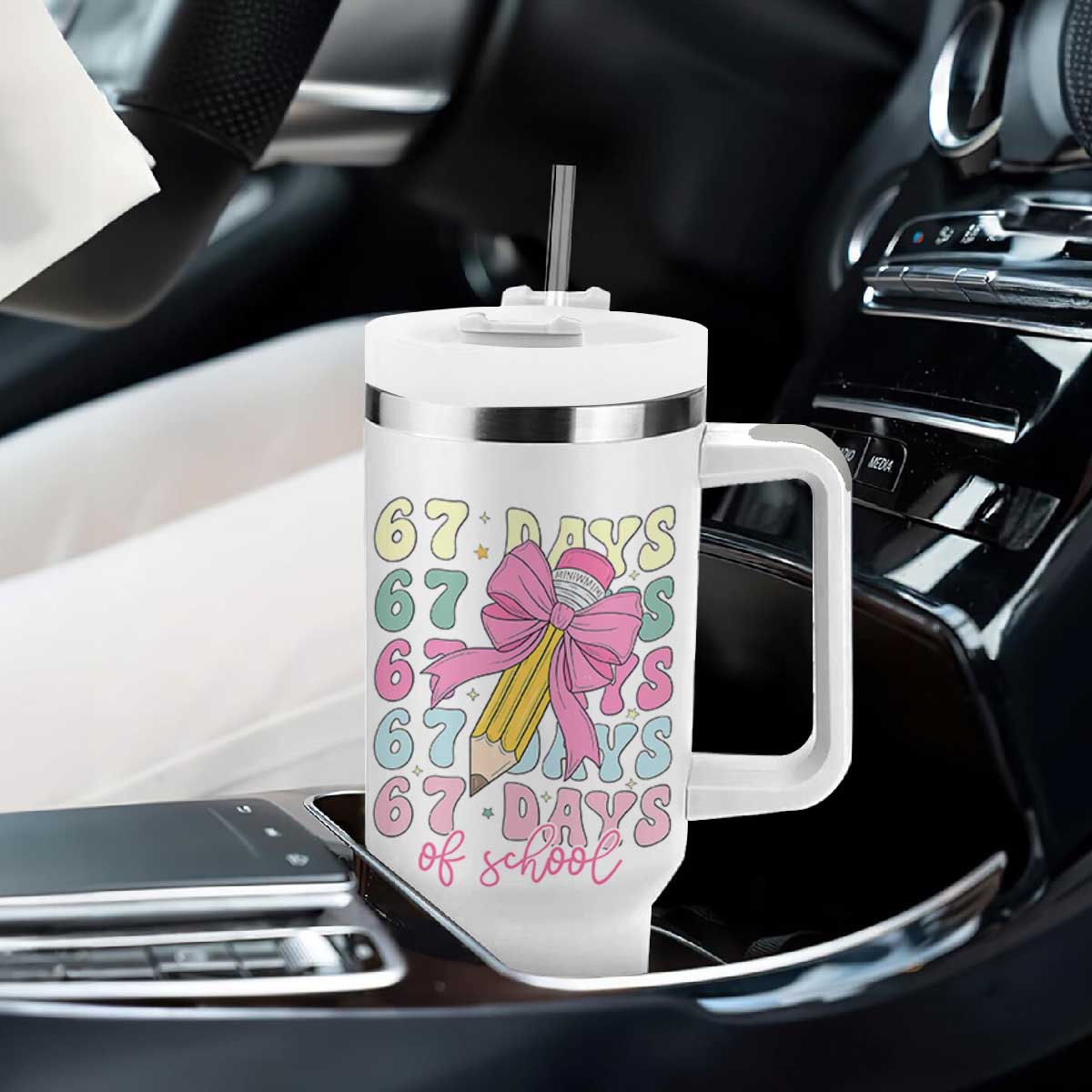 67 Days of School Coquette Bow Tumbler With Handle Funny Six Seven Meme 67th Day Teacher Student TS10 Print Your Wear