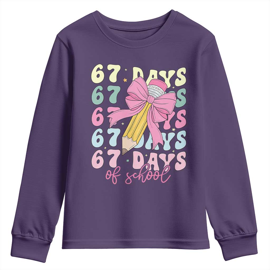 67 Days of School Coquette Bow Youth Sweatshirt Funny Six Seven Meme 67th Day Teacher Student TS10 Purple Print Your Wear