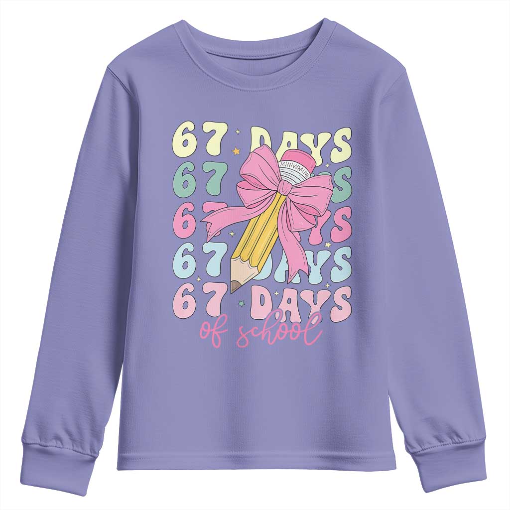 67 Days of School Coquette Bow Youth Sweatshirt Funny Six Seven Meme 67th Day Teacher Student TS10 Violet Print Your Wear