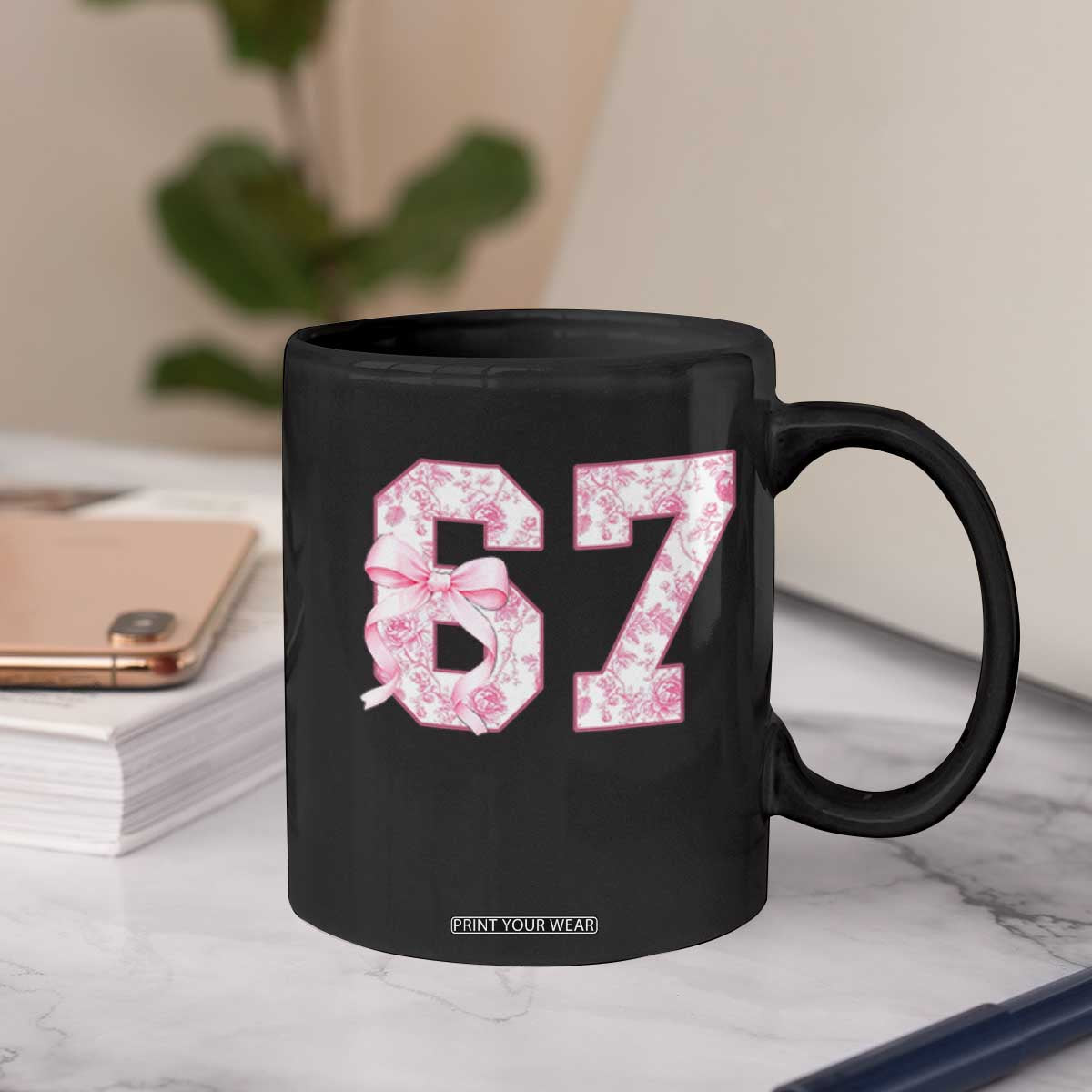 Six Seven Coquette Girl Coffee Mug Funny 67 Meme Gen Alpha Slang Pink Floral Bow Aesthetic TS10 Print Your Wear
