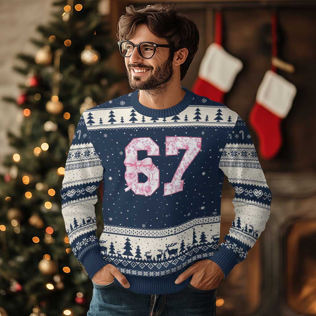 Six Seven Coquette Girl Ugly Christmas Sweater Funny 67 Meme Gen Alpha Slang Pink Floral Bow Aesthetic TS10 Navy Beige Print Your Wear