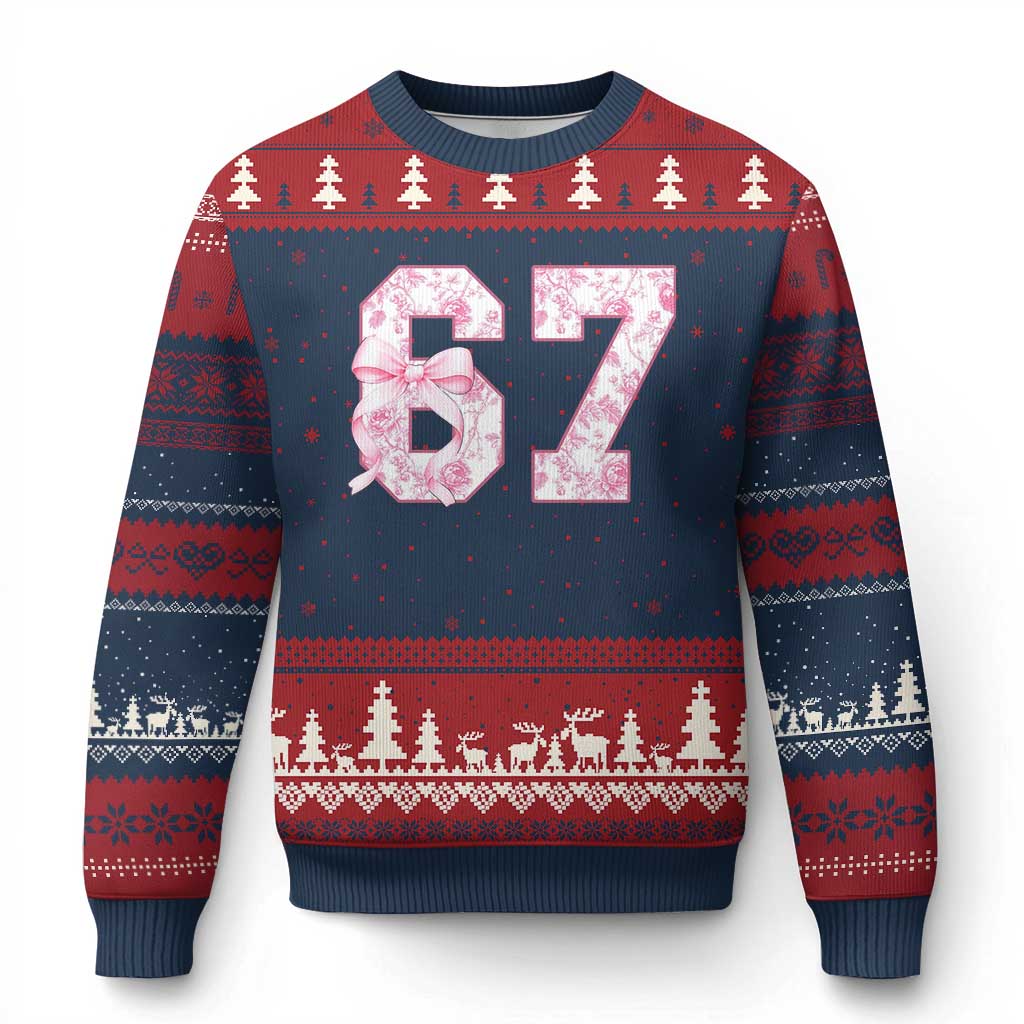 Six Seven Coquette Girl Ugly Christmas Sweater Funny 67 Meme Gen Alpha Slang Pink Floral Bow Aesthetic TS10 Navy Red Print Your Wear