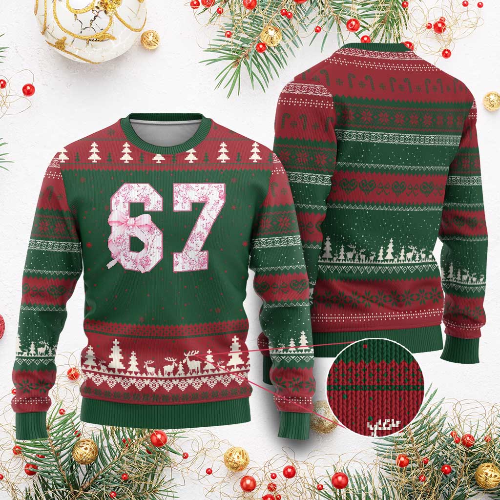 Six Seven Coquette Girl Ugly Christmas Sweater Funny 67 Meme Gen Alpha Slang Pink Floral Bow Aesthetic TS10 Red Green Print Your Wear