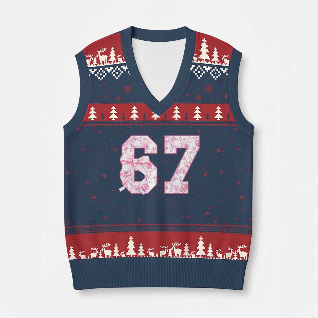 Six Seven Coquette Girl V-Neck Knit Sweater Vest Funny 67 Meme Gen Alpha Slang Pink Floral Bow Aesthetic TS10 Navy Red Print Your Wear