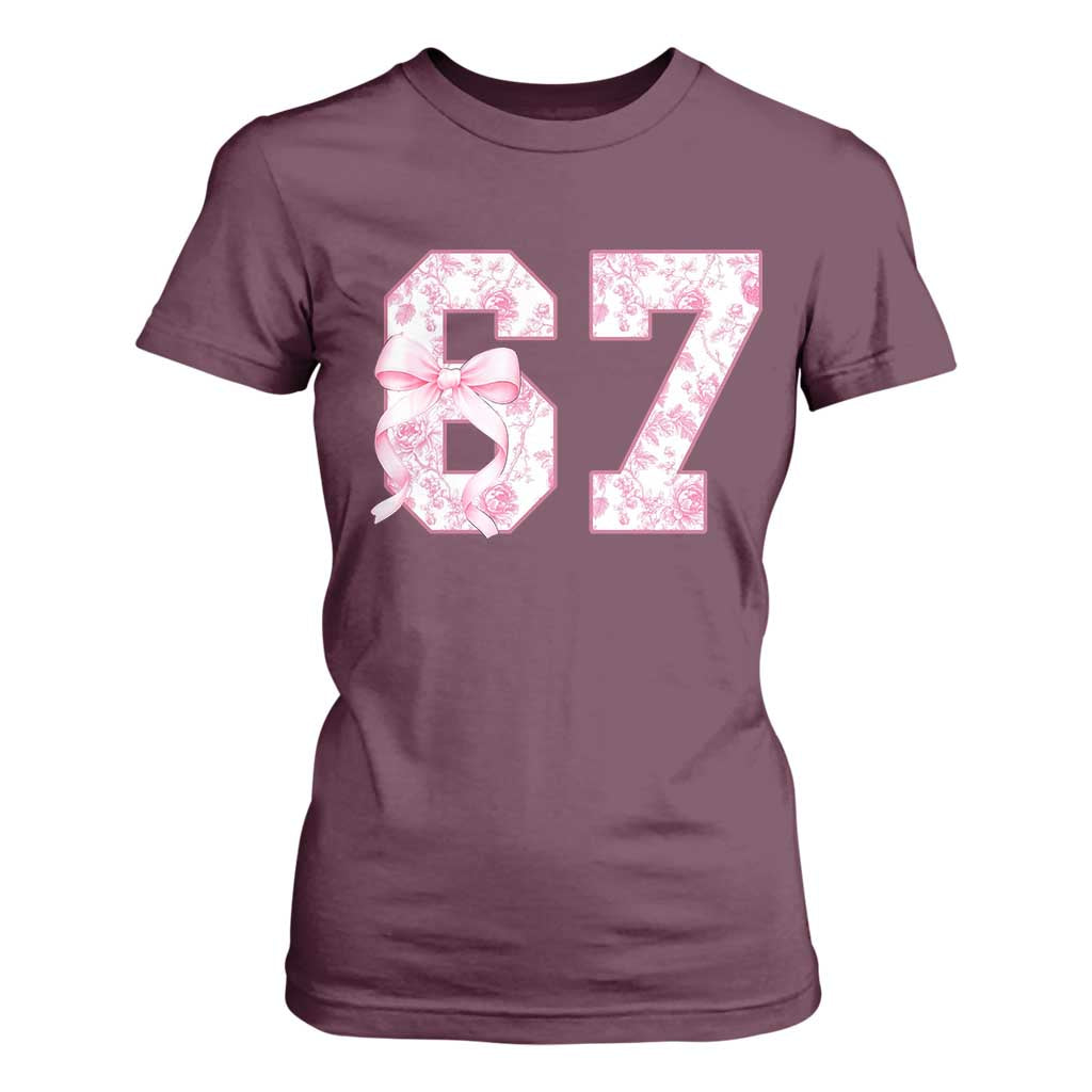 Six Seven Coquette Girl T Shirt For Women Funny 67 Meme Gen Alpha Slang Pink Floral Bow Aesthetic TS10 Maroon Print Your Wear