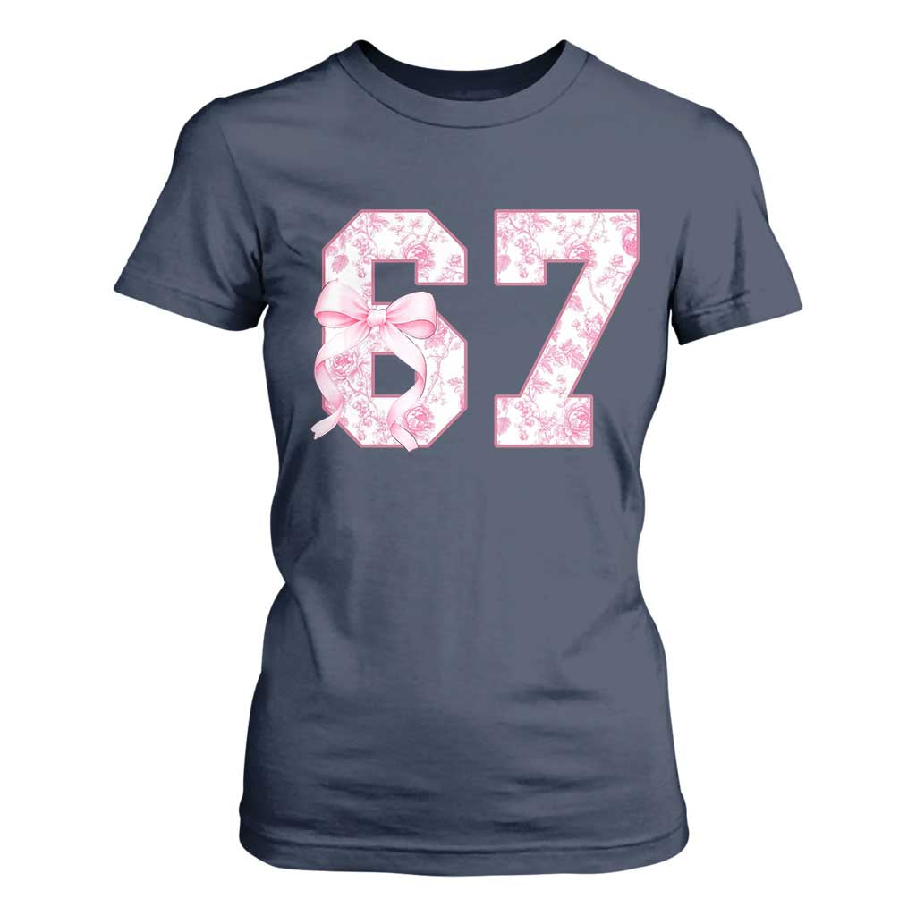 Six Seven Coquette Girl T Shirt For Women Funny 67 Meme Gen Alpha Slang Pink Floral Bow Aesthetic TS10 Navy Print Your Wear