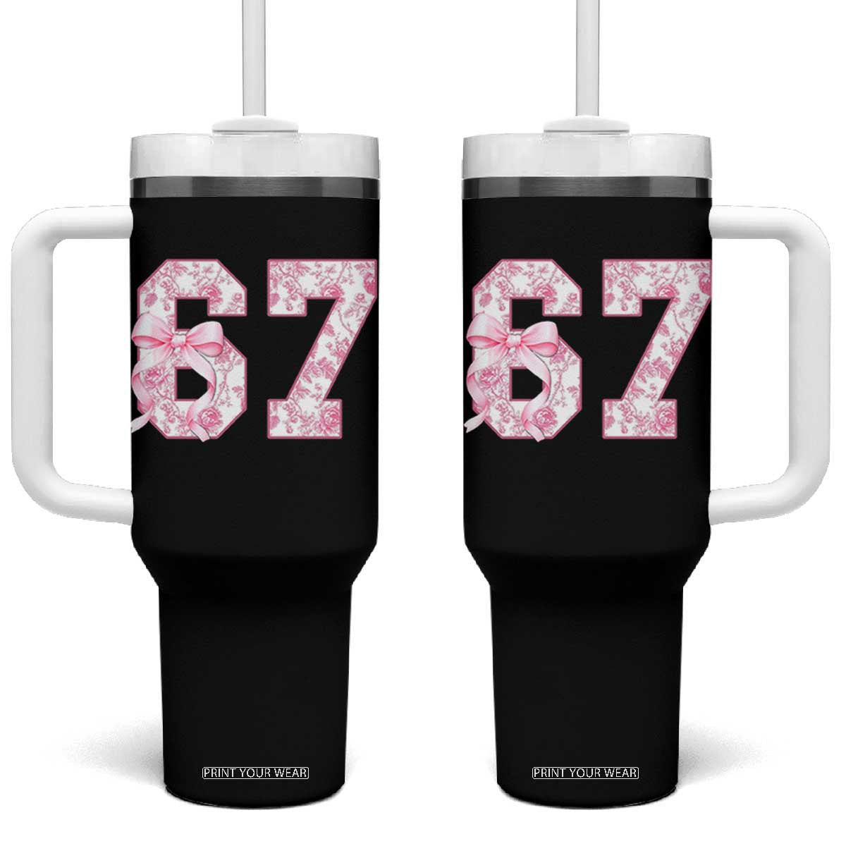 Six Seven Coquette Girl Tumbler With Handle Funny 67 Meme Gen Alpha Slang Pink Floral Bow Aesthetic TS10 One Size: 40 oz Black Print Your Wear