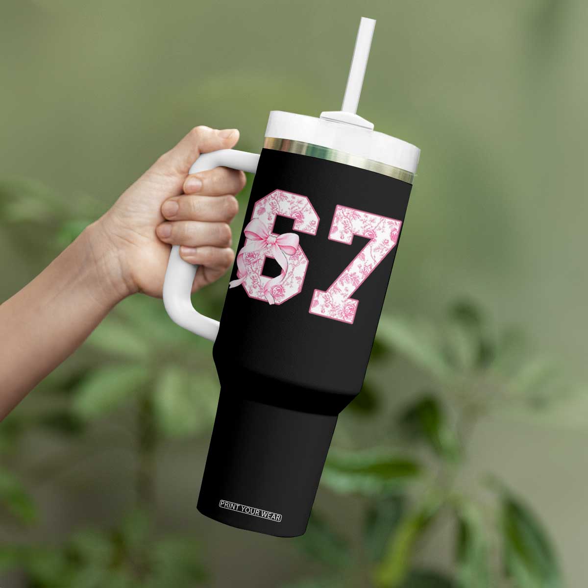 Six Seven Coquette Girl Tumbler With Handle Funny 67 Meme Gen Alpha Slang Pink Floral Bow Aesthetic TS10 Print Your Wear